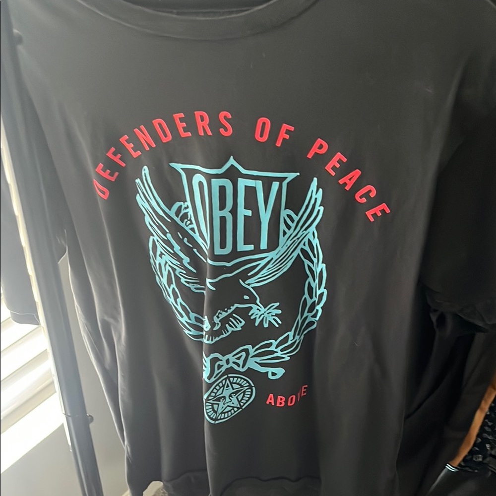 Obey Black Tee with Red and Blue Graphics